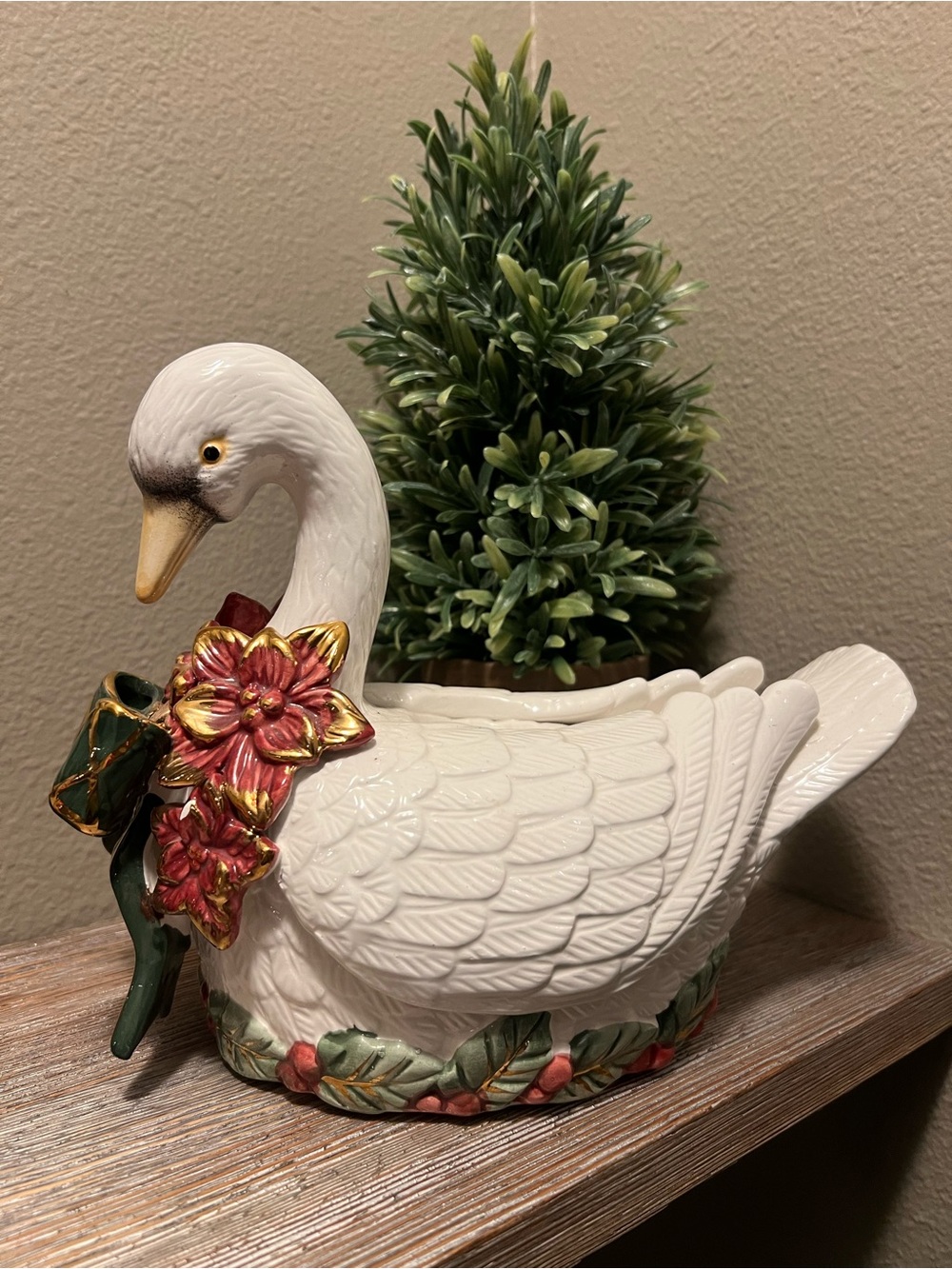White Ceramic Swan Holiday Planter with Red Poinsettia Accent